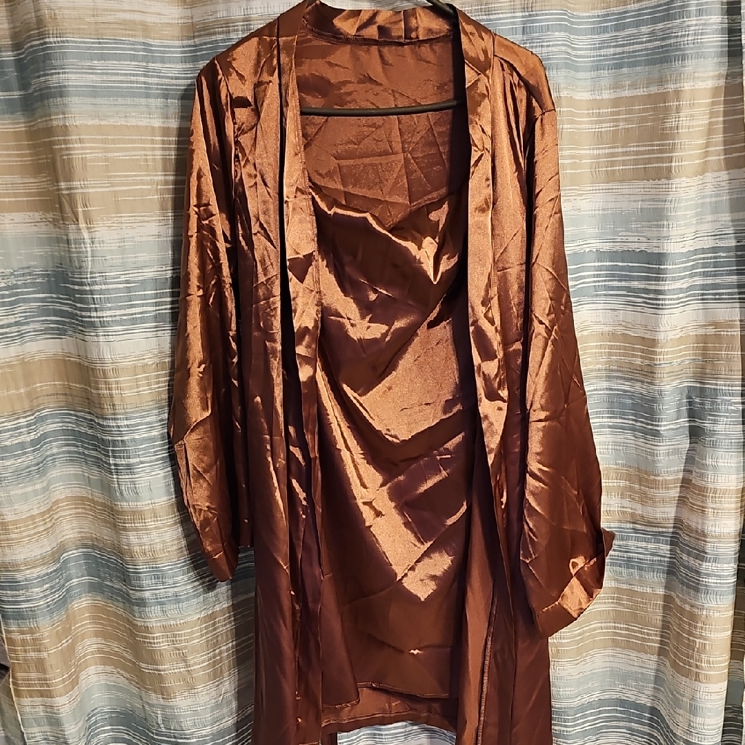 Elegant Ekouaer Terracotta Brown Satin Kimono With Matching Cowl Neck Night Gown